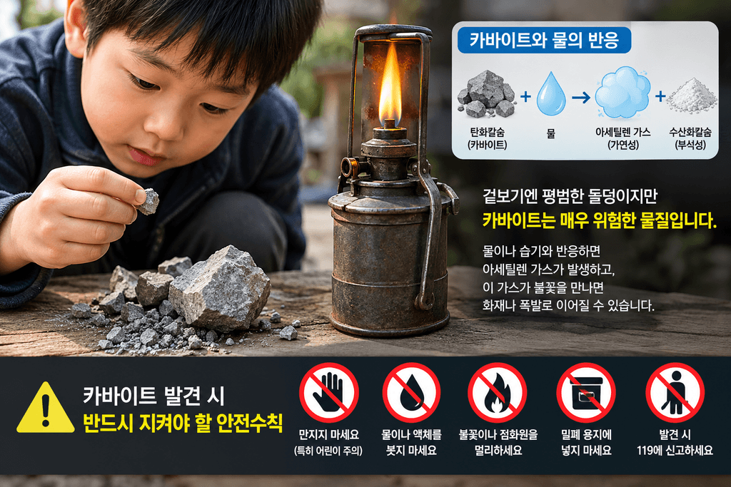 카바이드 램프와 탄화칼슘 부스러기의 위험성을 설명하는 안전 이미지