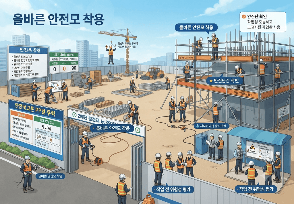 건설 현장에서 안전모와 보호구를 착용하고 작업 전 안전 상태를 확인하는 작업자
