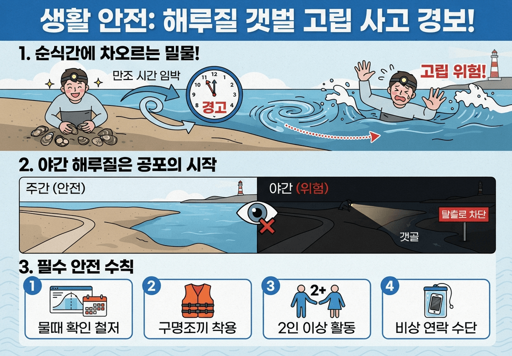 • 밀물이 들어오는 갯벌에서 해루질 안전 수칙을 지키는 모습