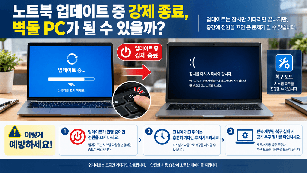 노트북 업데이트 중 강제 종료로 발생할 수 있는 부팅 오류와 시스템 복구 방법