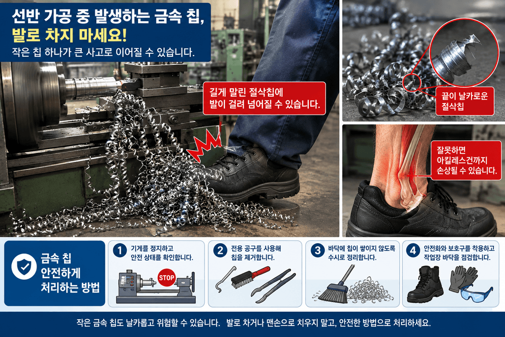선반 가공 중 발생한 날카로운 스프링형 금속 칩과 발 부상 예방 수칙을 담은 예시 일러스트 