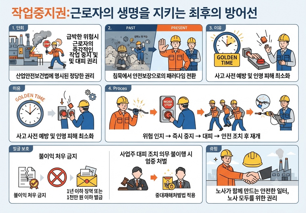 작업 현장에서 위험을 발견하고 작업 중지와 안전 확인을 요청하는 근로자
예시 일러스트