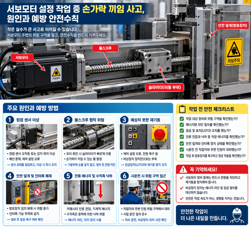 서보모터 설정 작업 중 손가락 끼임 사고 원인과 예방 안전수칙