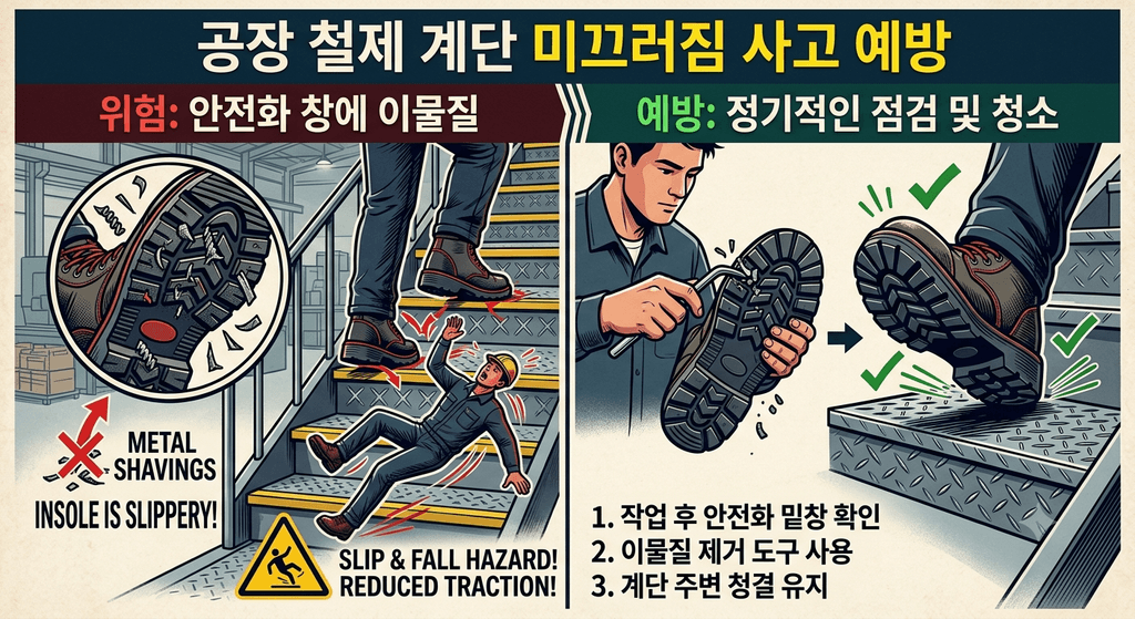 "공장 철제 계단 미끄러짐 사고 예방을 위해 안전화 밑창의 이물질을 점검하고 제거하는 모습을 담은 안전 교육용 일러스트"
