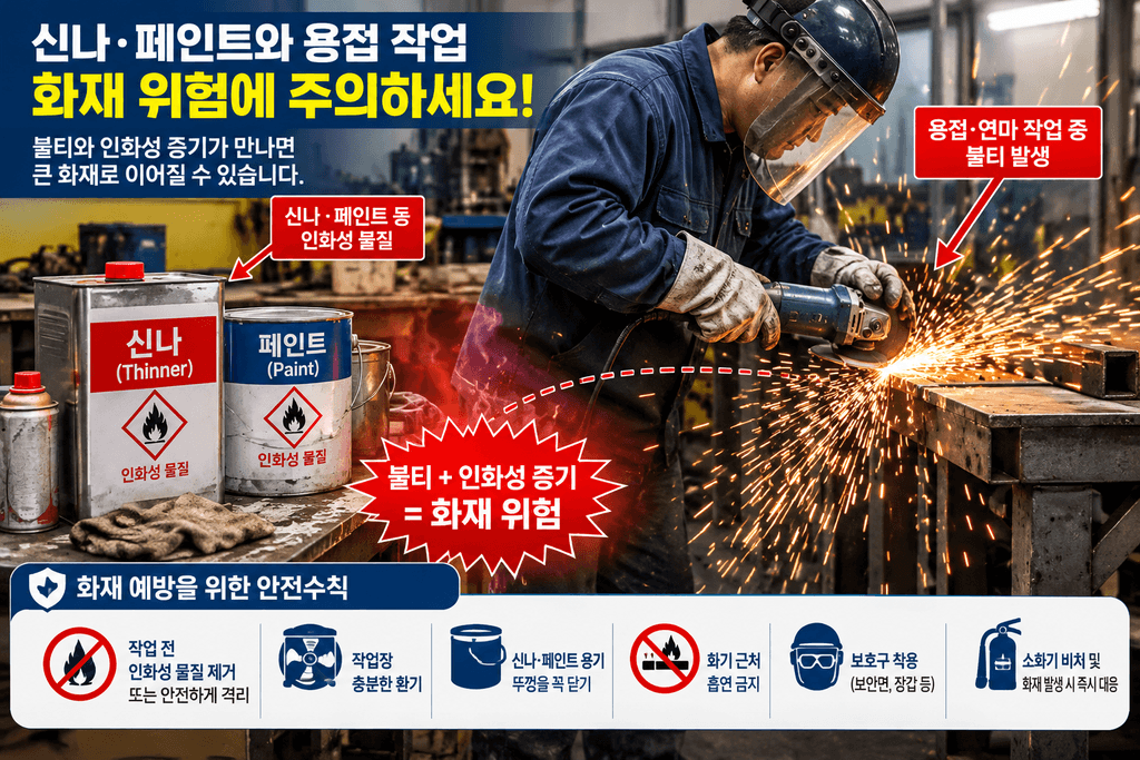 신나와 페인트 등 인화성 물질 주변에서 발생하는 용접 및 연마 작업의 화재 위험과 예방수칙