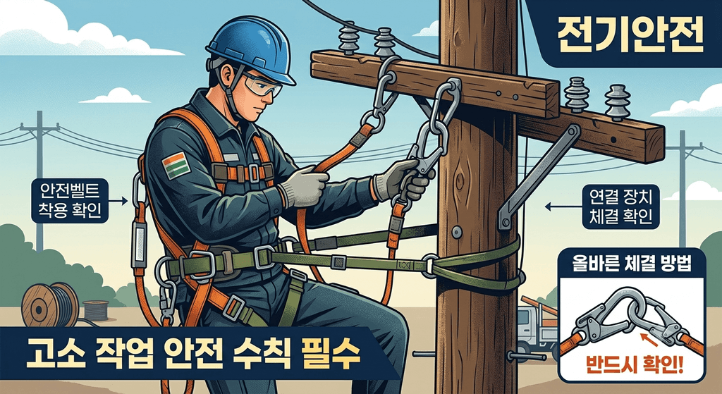전봇대 고소 작업 중 작업자가 안전벨트와 연결 고리 체결 상태를 확인하는 모습 ,예시 일러스트