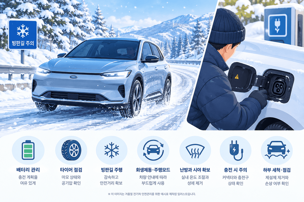 겨울철 눈길을 주행하는 전기차와 배터리 안전 관리 예제 일러스트임