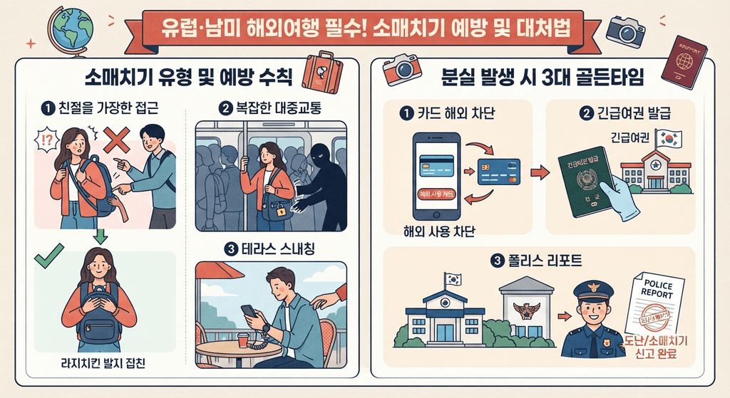 유럽여행 중 소매치기를 예방하고 피해 발생 시 대처하는 방법을 안내하는 안전 일러스트