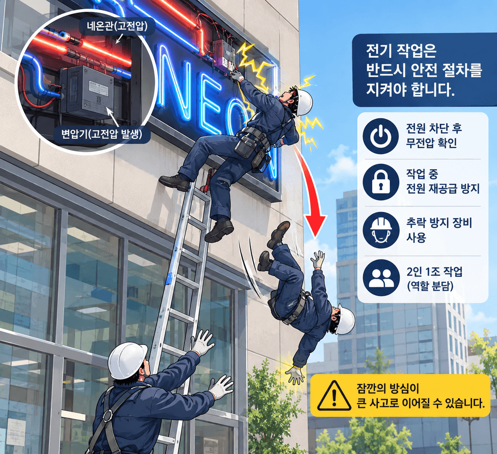 네온사인 수리 중 고전압 감전과 추락 위험 및 전기 작업 안전수칙을 보여주는 일러스트