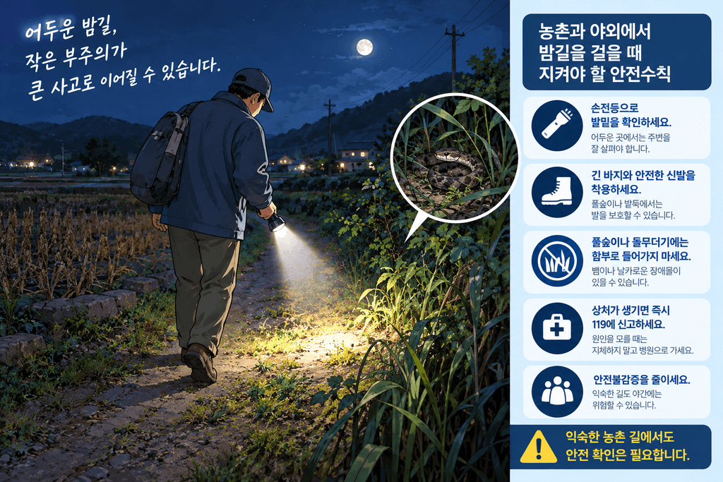 어두운 농로에서 손전등으로 발밑을 확인하며 참깨 그루터기 등 뾰족한 물체 및 뱀 물림 위험에 대비하는 보행자 예시 일러스트
