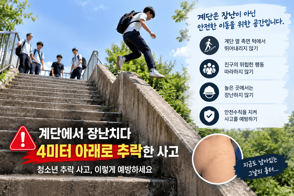 콘크리트 계단 옆 측면 턱에서 뛰어내리는 청소년과 추락 사고 예방 안전수칙