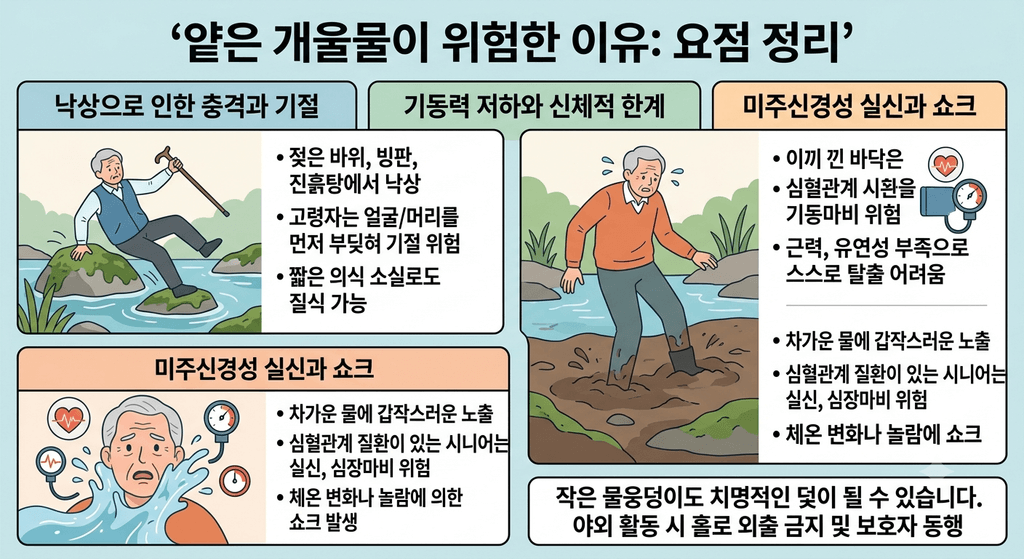 얕은 개울물 이 위험한 이유 요점 정리 인포그래픽 (낙상 충격, 기동력 저하, 미주신경성 실신 및 쇼크)
